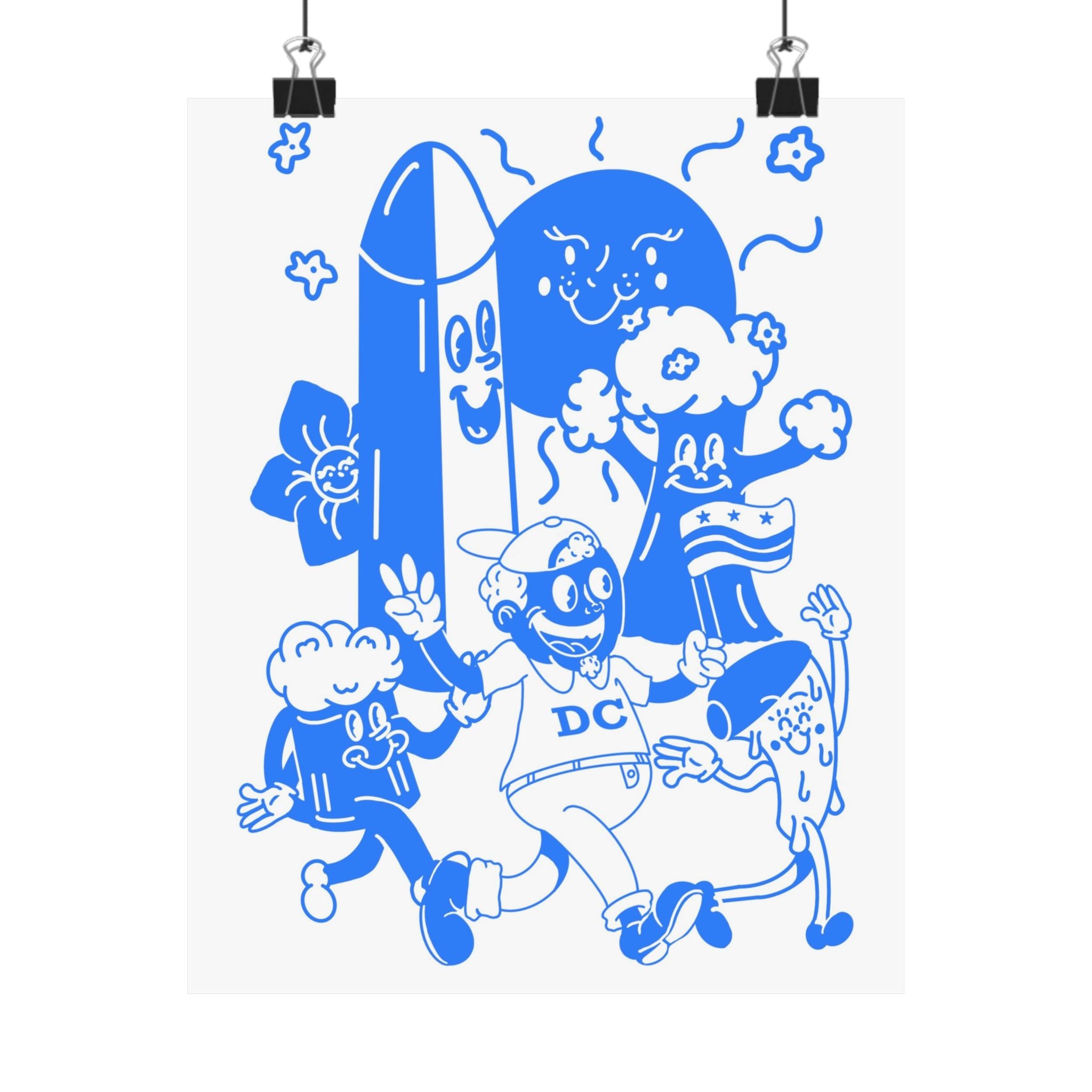 Washington DC Retro Cartoon Poster — Blue Matte Vertical Art Print